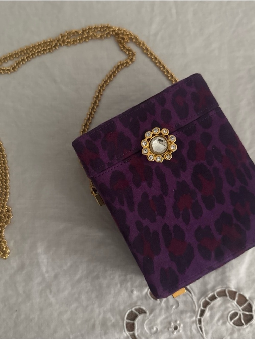 Susan Bennis/Warren Edwards Purple Leopard Print Chain Crossbody with Gem Brooch